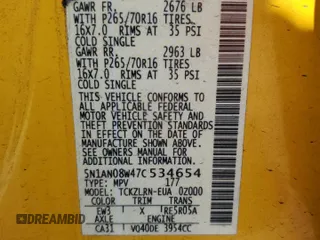 2007 Nissan Xterra SE with VIN 5N1AN08W47C534654, listed as a Copart auction lot 54546595 with 198,028 mi miles and Salvage Title. Bid and sale history available at DreamBid. Image 13.