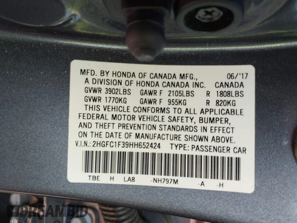 2017 Honda Civic Sedan EX-T with VIN 2HGFC1F39HH652424, listed as a IAAI auction lot 41750943 with 44,174 mi miles. Bid and sale history available at carsss.com. Image 9.