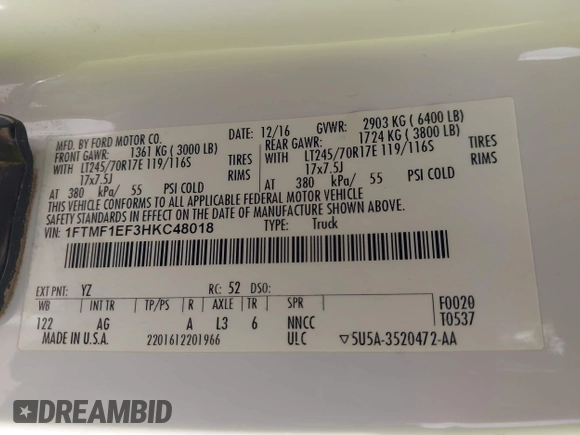 2017 Ford F-150 XL with VIN 1FTMF1EF3HKC48018, listed as a IAAI auction lot 41895866 with 63,315 mi miles and . Bid and sale history available at DreamBid. Image 9.