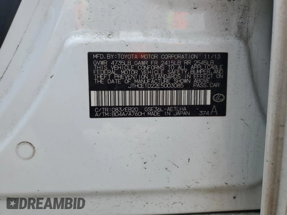 2014 Lexus IS 350 z VIN JTHCE1D22E5003085, wystawiony jako Copart lot #55047665 z przebiegiem 121 119 mil mil oraz Szkoda całkowita • Salvage title. Historia ofert i sprzedaży dostępna na DreamBid. Obrazek 12.