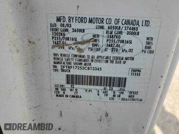 2003 Ford F-150 XL with VIN 2FTRF17253CB13345, listed as a Copart auction lot 58240595 with Not provided miles and Salvage title. Bid and sale history available at DreamBid. Image 12.