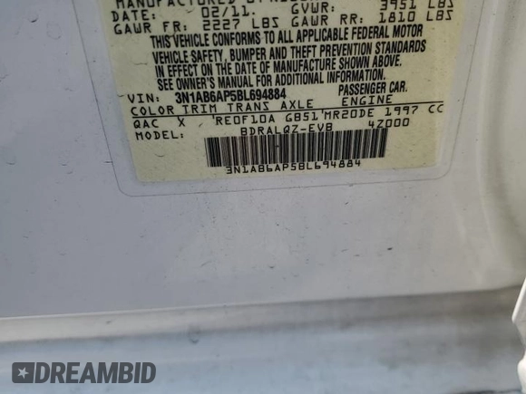 2011 Nissan Sentra 2.0 with VIN 3N1AB6AP5BL694884, listed as a Copart auction lot 60002695 with 158,765 mi miles and Salvage title. Bid and sale history available at DreamBid. Image 13.