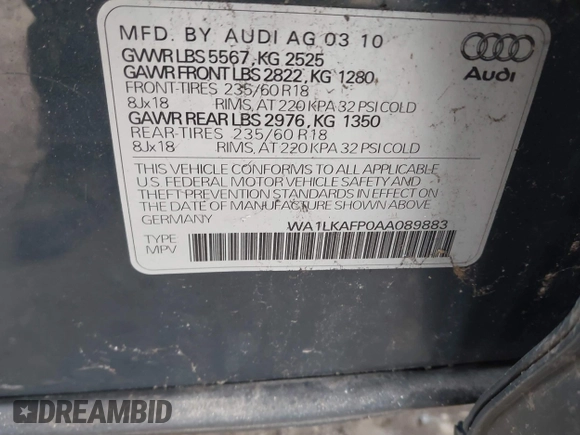 2010 Audi Q5 Premium Plus with VIN WA1LKAFP0AA089883, listed as a IAAI auction lot 41014444 with Not provided miles and . Bid and sale history available at DreamBid. Image 9.