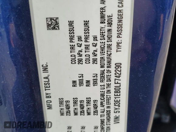 2020 Tesla Model 3 Long Range with VIN 5YJ3E1EB0LF742290, listed as a Copart auction lot 53942005 with 53,670 mi miles and Salvage Title. Bid and sale history available at carsss.com. Image 13.