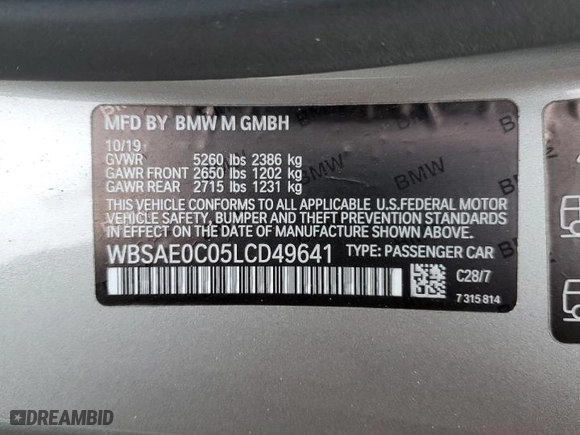 2020 BMW M8 with VIN WBSAE0C05LCD49641, listed as a Copart auction lot 43877355 with 0 mi miles and Salvage Title. Bid and sale history available at carsss.com. Image 15.