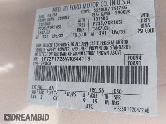 1998 Ford F-150 with VIN 1FTZF1726WKB44118, listed as a IAAI auction lot 41786536 with 155,032 mi miles and . Bid and sale history available at DreamBid. Image 9.