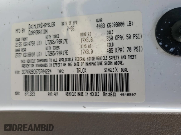 2007 Dodge 2500 SLT with VIN 3D7KR28C67G704224, listed as a Copart auction lot 44960204 with 247,373 mi miles and Clean title. Bid and sale history available at DreamBid. Image 12.