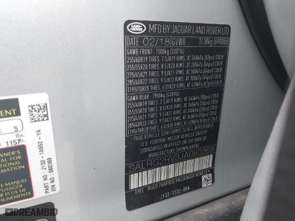 2018 Land Rover Discovery SE with VIN SALRG2RV3JA060369, listed as a IAAI auction lot 39979847 with 69,074 mi miles. Bid and sale history available at carsss.com. Image 9.