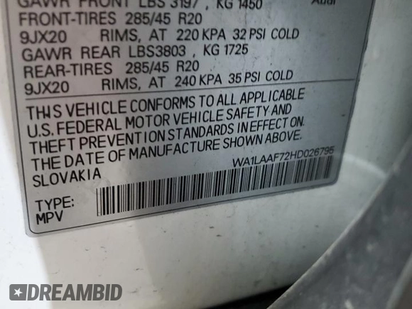 2017 Audi Q7 Premium Plus with VIN WA1LAAF72HD026795, listed as a Copart auction lot 83226354 with 183,631 mi miles and Salvage title. Bid and sale history available at DreamBid. Image 13.