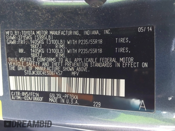 2014 Toyota Sienna LE with VIN 5TDJK3DC4ES087457, listed as a IAAI auction lot 41773128 with 103,993 mi miles and . Bid and sale history available at DreamBid. Image 9.