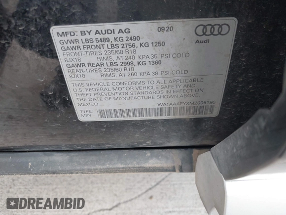 2021 Audi Q5 Premium with VIN WA1AAAFYXM2005196, listed as a IAAI auction lot 41593700 with 63,573 mi miles. Bid and sale history available at carsss.com. Image 9.