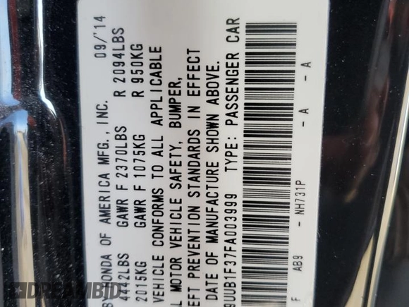 2015 Acura TLX с VIN 19UUB1F37FA003999, выставлен на аукционе Copart как лот 59149845 с пробегом 133 313 миль миль и Списание • Salvage title. История ставок и продаж доступна на DreamBid. Изображение 12.