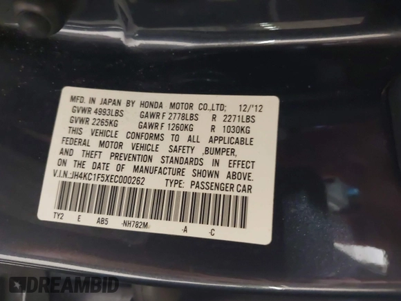 2014 Acura RLX Tech Pkg with VIN JH4KC1F5XEC000262, listed as a IAAI auction lot 42140494 with 193,669 mi miles. Bid and sale history available at carsss.com. Image 9.