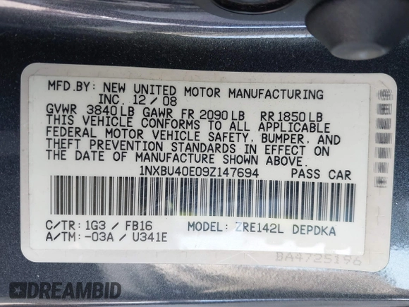 2009 Toyota Corolla with VIN 1NXBU40E09Z147694, listed as a IAAI auction lot 41741275 with 170,912 mi miles. Bid and sale history available at carsss.com. Image 9.