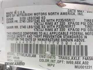 2007 Mitsubishi Endeavor LS with VIN 4A4MM21S87E080140, listed as a IAAI auction lot 41715165 with 241,401 mi miles. Bid and sale history available at carsss.com. Image 9.