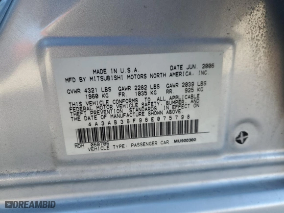 2006 Mitsubishi Galant ES with VIN 4A3AB36F96E075798, listed as a Copart auction lot 46341865 with 100245 miles and Salvage Title. Bid and sale history available at carsss.com. Image 12.