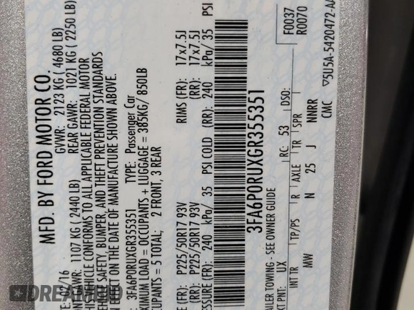 2016 Ford Fusion Titanium Hybrid with VIN 3FA6P0RUXGR355351, listed as a Copart auction lot 56516025 with 117,964 mi miles and Salvage title. Bid and sale history available at DreamBid. Image 13.