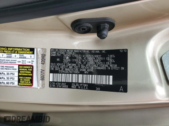 2011 Toyota Sienna XLE AAS with VIN 5TDYK3DC7BS110854, listed as a Copart auction lot 54604135 with 161,612 mi miles and Salvage Title. Bid and sale history available at DreamBid. Image 14.