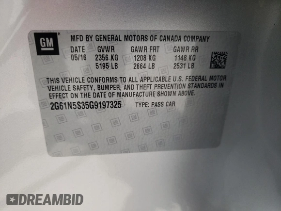2016 Cadillac XTS Luxury Collection with VIN 2G61N5S35G9197325, listed as a Copart auction lot 55613225 with 131,404 mi miles and Salvage title. Bid and sale history available at DreamBid. Image 15.