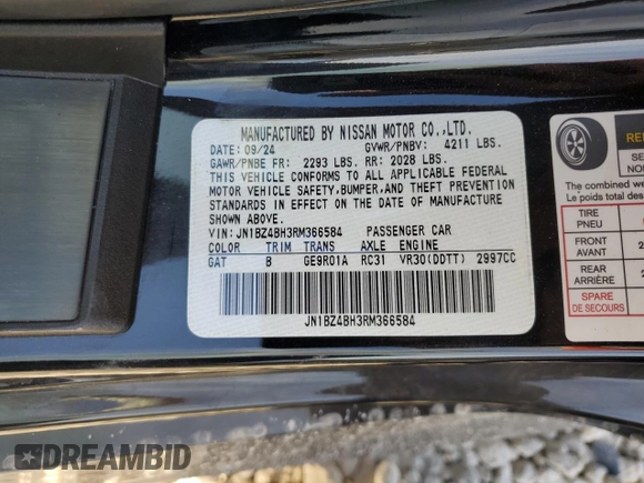 2024 Nissan Z Performance с VIN JN1BZ4BH3RM366584, выставлен на аукционе Copart как лот 49207535 с пробегом 4 936 миль миль и Списание • Salvage title. История ставок и продаж доступна на DreamBid. Изображение 12.