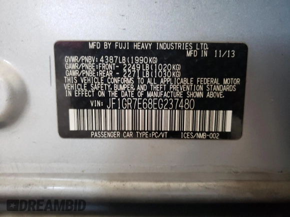 2014 Subaru WRX WRX Premium with VIN JF1GR7E68EG237480, listed as a Copart auction lot 74185214 with 119,270 mi miles and Non repairable. Bid and sale history available at DreamBid. Image 12.