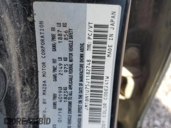 2018 Mazda 3 Sport with VIN JM1BN1U75J1182748, listed as a Copart auction lot 47853515 with 173,132 mi miles and Salvage Title. Bid and sale history available at DreamBid. Image 13.