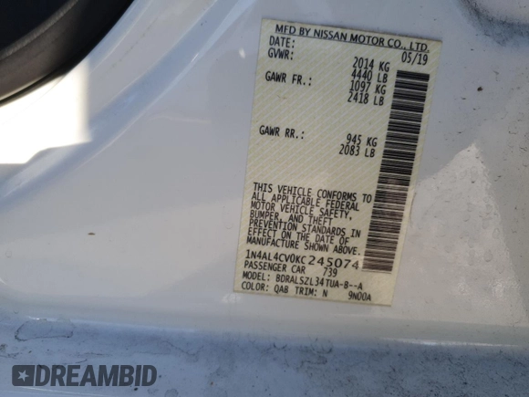 2019 Nissan Altima SR with VIN 1N4AL4CV0KC245074, listed as a Copart auction lot 49222565 with 112,769 mi miles and Clean Title. Bid and sale history available at DreamBid. Image 12.