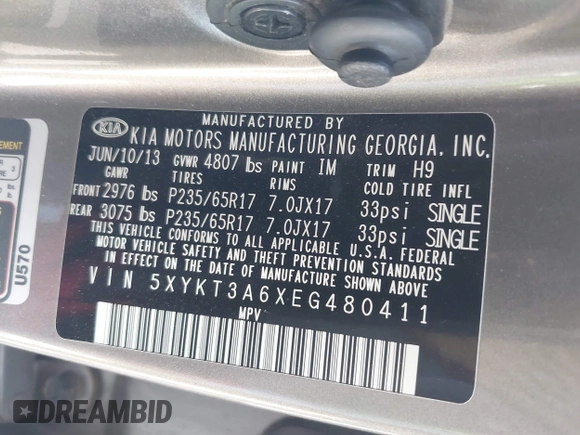 2014 Kia Sorento LX with VIN 5XYKT3A6XEG480411, listed as a IAAI auction lot 42008356 with 137,435 mi miles and . Bid and sale history available at DreamBid. Image 9.