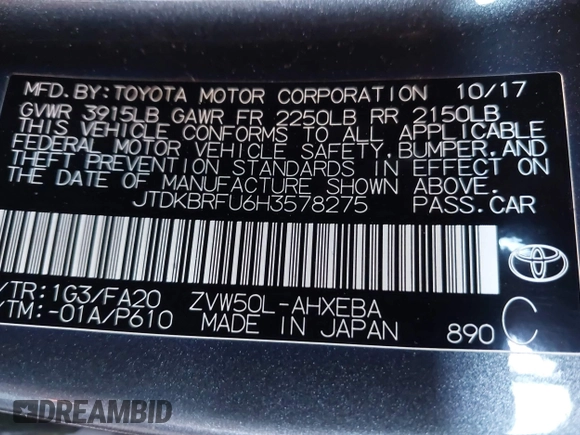 2017 Toyota Prius Two with VIN JTDKBRFU6H3578275, listed as a IAAI auction lot 42153979 with 153,901 mi miles. Bid and sale history available at carsss.com. Image 9.