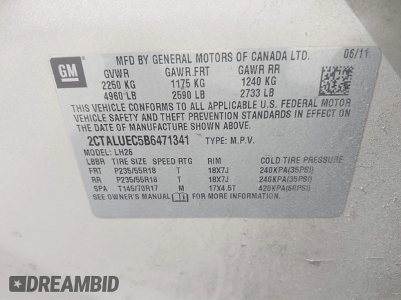 2011 GMC Terrain SLT-1 with VIN 2CTALUEC5B6471341, listed as a IAAI auction lot 41791196 with 218,581 mi miles and . Bid and sale history available at carsss.com. Image 9.
