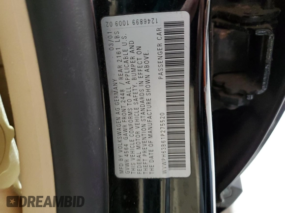 2001 Volkswagen Passat z VIN WVWPH63B61P275520, wystawiony jako Copart lot #86681814 z przebiegiem 142 184 mil mil oraz Szkoda całkowita • Salvage title. Historia ofert i sprzedaży dostępna na DreamBid. Obrazek 12.