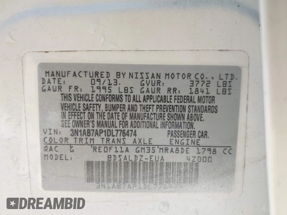 2013 Nissan Sentra S with VIN 3N1AB7AP1DL776474, listed as a IAAI auction lot 41354323 with 127,288 mi miles and . Bid and sale history available at DreamBid. Image 9.
