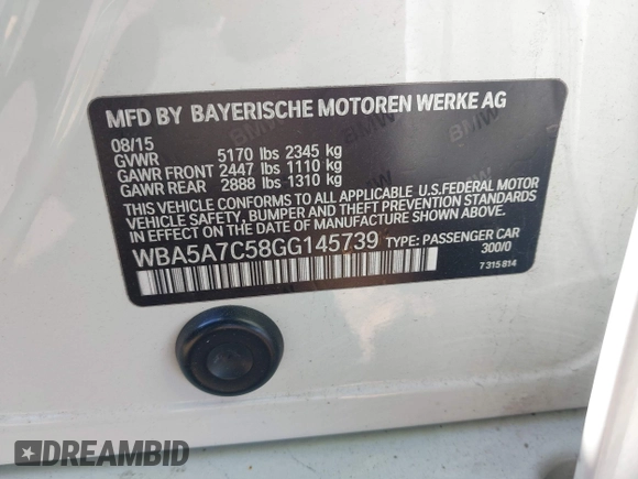 2016 BMW 5 Series 528i xDrive with VIN WBA5A7C58GG145739, listed as a IAAI auction lot 41976659 with 134,663 mi miles. Bid and sale history available at carsss.com. Image 9.
