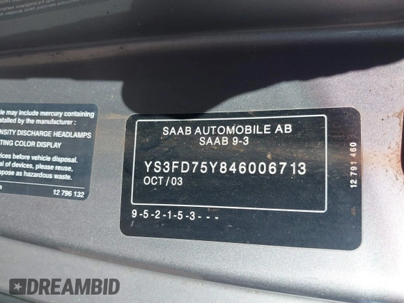 2004 Saab 9-3 Arc z VIN YS3FD75Y846006713, wystawiony jako IAAI lot #41868487 z przebiegiem 157 861 mil mil oraz . Historia ofert i sprzedaży dostępna na DreamBid. Obrazek 9.
