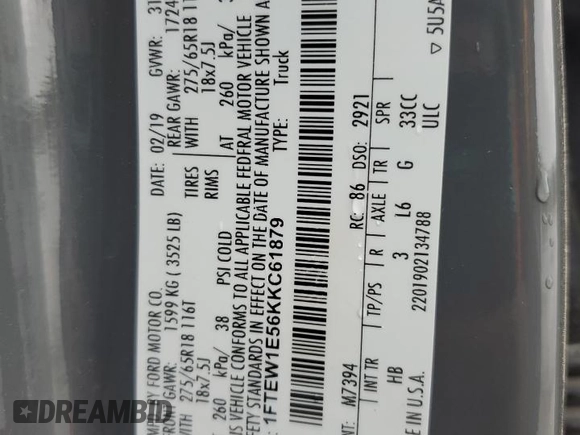 2019 Ford F-150 XL with VIN 1FTEW1E56KKC61879, listed as a Copart auction lot 55740365 with 99,082 mi miles and Clean title. Bid and sale history available at DreamBid. Image 12.
