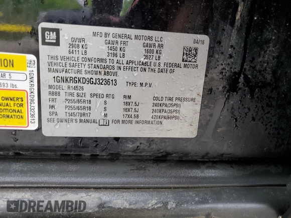 2016 Chevrolet Traverse LT with VIN 1GNKRGKD9GJ323613, listed as a Copart auction lot 57759455 with Not provided miles and Clean title. Bid and sale history available at DreamBid. Image 13.