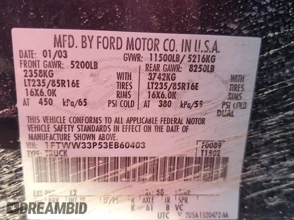 2003 Ford F-350 XL with VIN 1FTWW33P53EB60403, listed as a Copart auction lot 44968435 with 188,802 mi miles and Clean Title. Bid and sale history available at DreamBid. Image 12.
