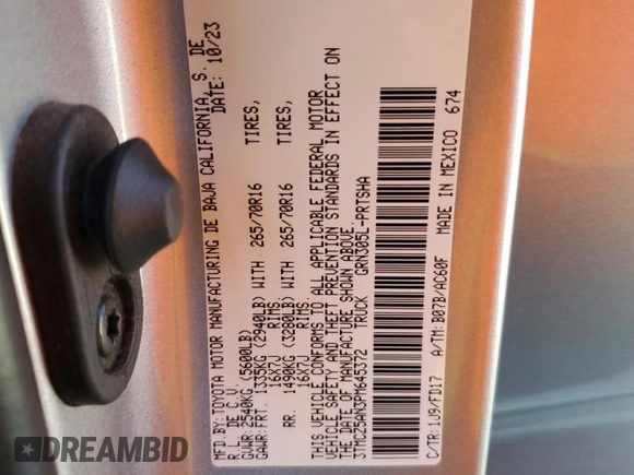 2023 Toyota Tacoma SR with VIN 3TMCZ5AN3PM645372, listed as a Copart auction lot 59917365 with 27,146 mi miles and Salvage title. Bid and sale history available at DreamBid. Image 13.