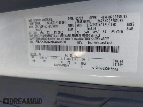 2022 Ford Transit Passenger XL with VIN 1FBAX2C82NKA59550, listed as a IAAI auction lot 41753792 with 46,019 mi miles and . Bid and sale history available at DreamBid. Image 9.