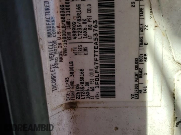 1996 Ford F-350 with VIN 1FDLF47F7TEA53763, listed as a Copart auction lot 85574414 with Not provided miles and Salvage title. Bid and sale history available at DreamBid. Image 10.