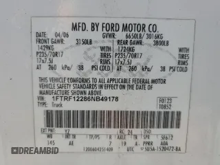 2006 Ford F-150 XL with VIN 1FTRF12286NB49178, listed as a Copart auction lot 60058225 with Not provided miles and Clean title. Bid and sale history available at DreamBid. Image 12.