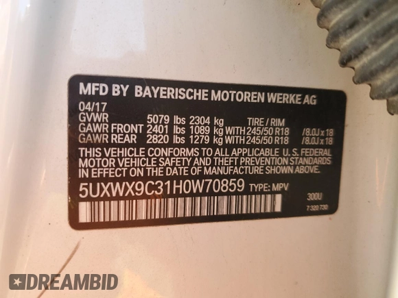 2017 BMW X3 xDrive28i z VIN 5UXWX9C31H0W70859, wystawiony jako Copart lot #54721075 z przebiegiem 184 916 mil mil oraz Szkoda całkowita • Salvage title. Historia ofert i sprzedaży dostępna na DreamBid. Obrazek 14.