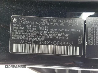 2003 BMW 5 Series 525i with VIN WBADT334X3GF43957, listed as a Copart auction lot 47324795 with 167,248 mi miles and Salvage Title. Bid and sale history available at carsss.com. Image 14.