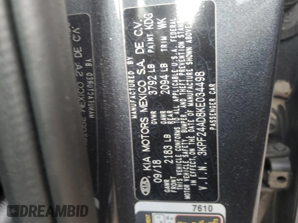 2019 Kia Forte LXS with VIN 3KPF24AD8KE034498, listed as a Copart auction lot 47986945 with 72,872 mi miles and Salvage title. Bid and sale history available at DreamBid. Image 14.