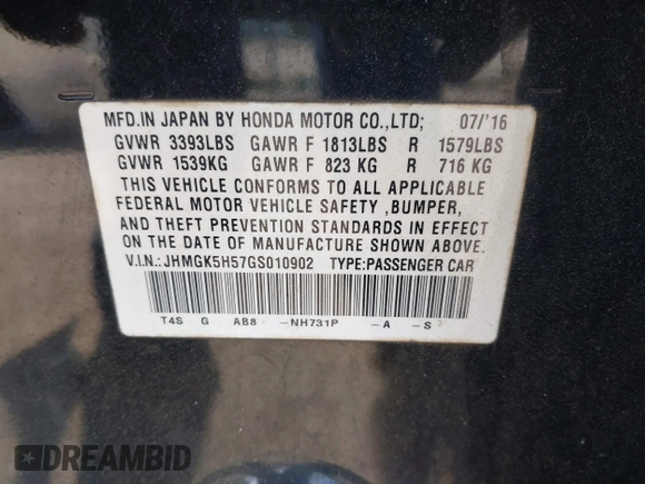 2016 Honda Fit LX with VIN JHMGK5H57GS010902, listed as a IAAI auction lot 41902395 with 124,531 mi miles. Bid and sale history available at carsss.com. Image 9.