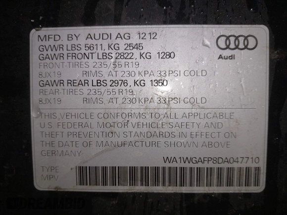 2013 Audi Q5 Prestige with VIN WA1WGAFP8DA047710, listed as a IAAI auction lot 41377557 with 176,859 mi miles and . Bid and sale history available at DreamBid. Image 9.