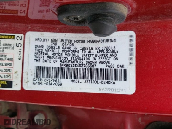 2006 Toyota Corolla CE with VIN 1NXBR32E46Z706507, listed as a Copart auction lot 54799695 with 152,012 mi miles and Clean Title. Bid and sale history available at DreamBid. Image 12.