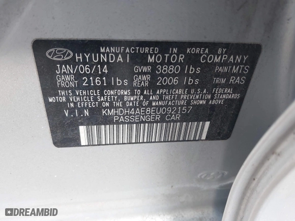 2014 Hyundai Elantra SE with VIN KMHDH4AE8EU092157, listed as a IAAI auction lot 41849735 with 152,161 mi miles. Bid and sale history available at carsss.com. Image 9.