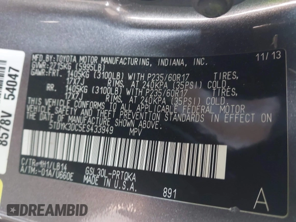 2014 Toyota Sienna XLE with VIN 5TDYK3DC5ES433949, listed as a IAAI auction lot 42095625 with 337,642 mi miles and . Bid and sale history available at DreamBid. Image 9.