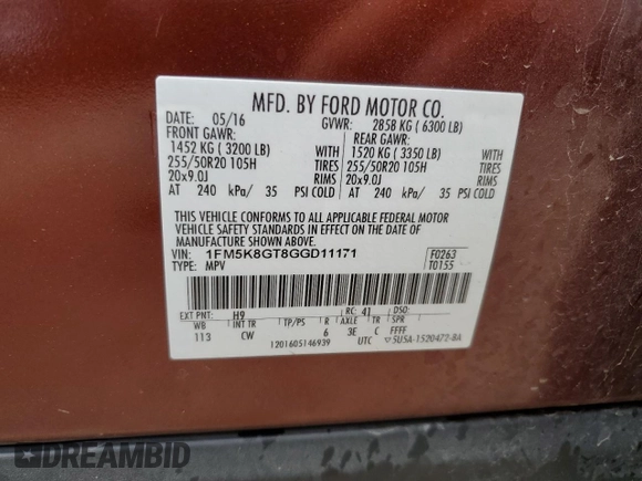2016 Ford Explorer Sport с VIN 1FM5K8GT8GGD11171, выставлен на аукционе Copart как лот 62823625 с пробегом 163 792 миль миль и Списание • Salvage title. История ставок и продаж доступна на DreamBid. Изображение 13.